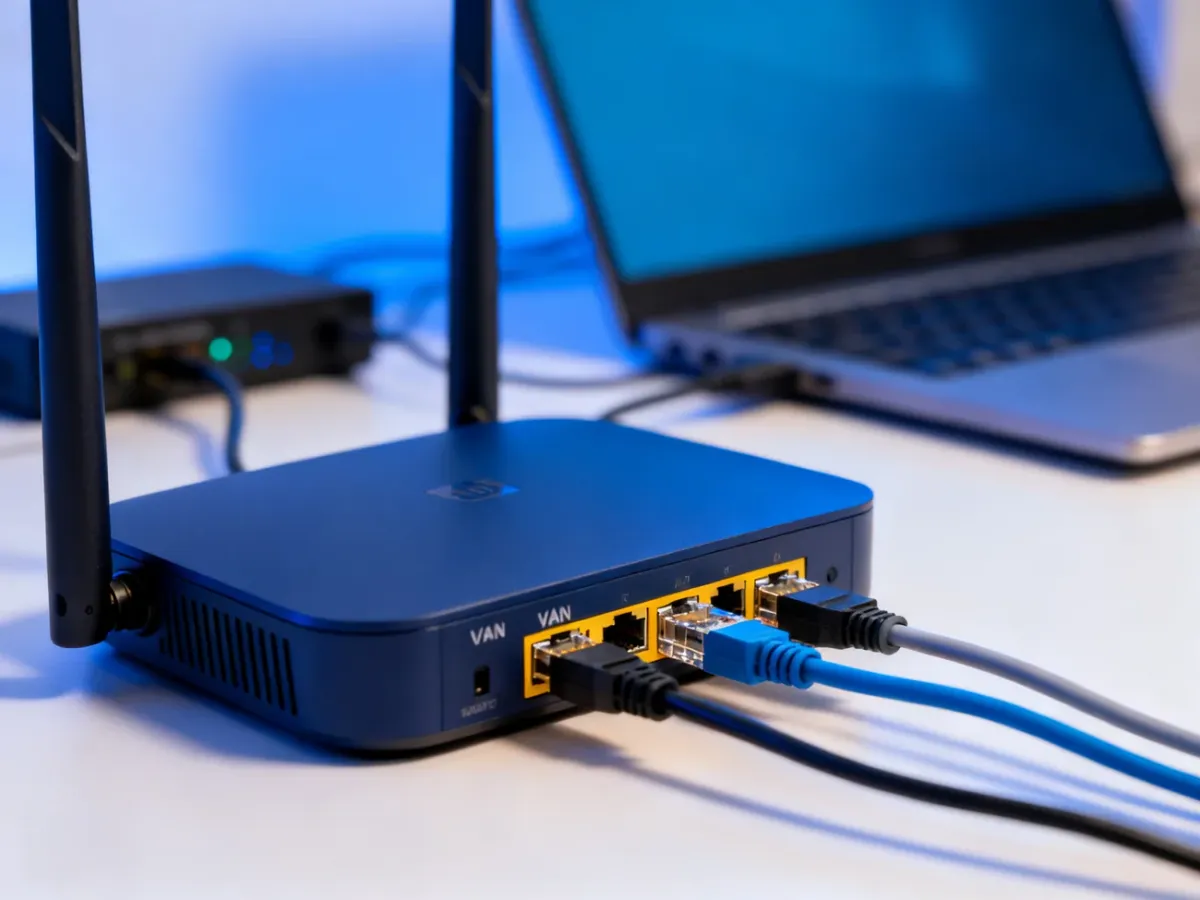 Router z podłączonymi przewodami Ethernet do portów WAN i LAN