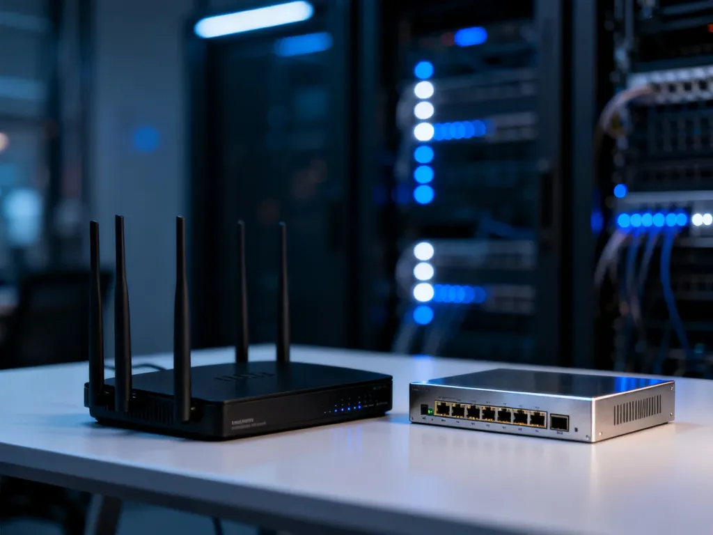 Nowoczesny router i przełącznik sieciowy ustawione obok siebie na biurku, z rozmytą serwerownią w tle.