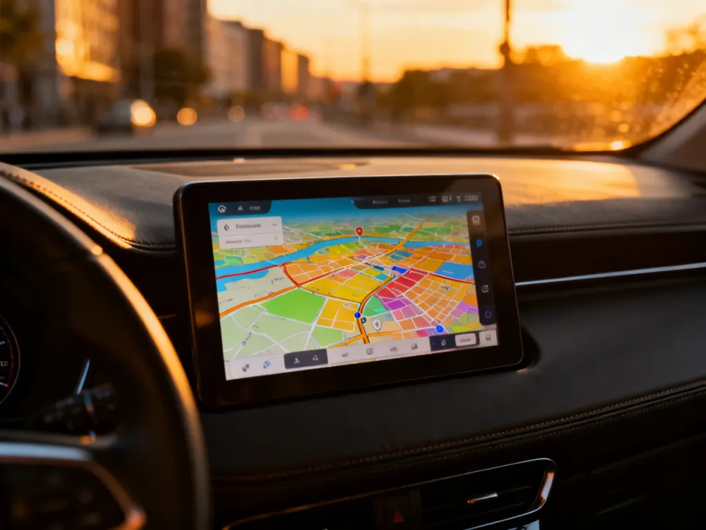 Nowoczesny ekran dotykowy w samochodzie z wyświetloną mapą nawigacji, prezentujący interfejs systemu Android Auto.