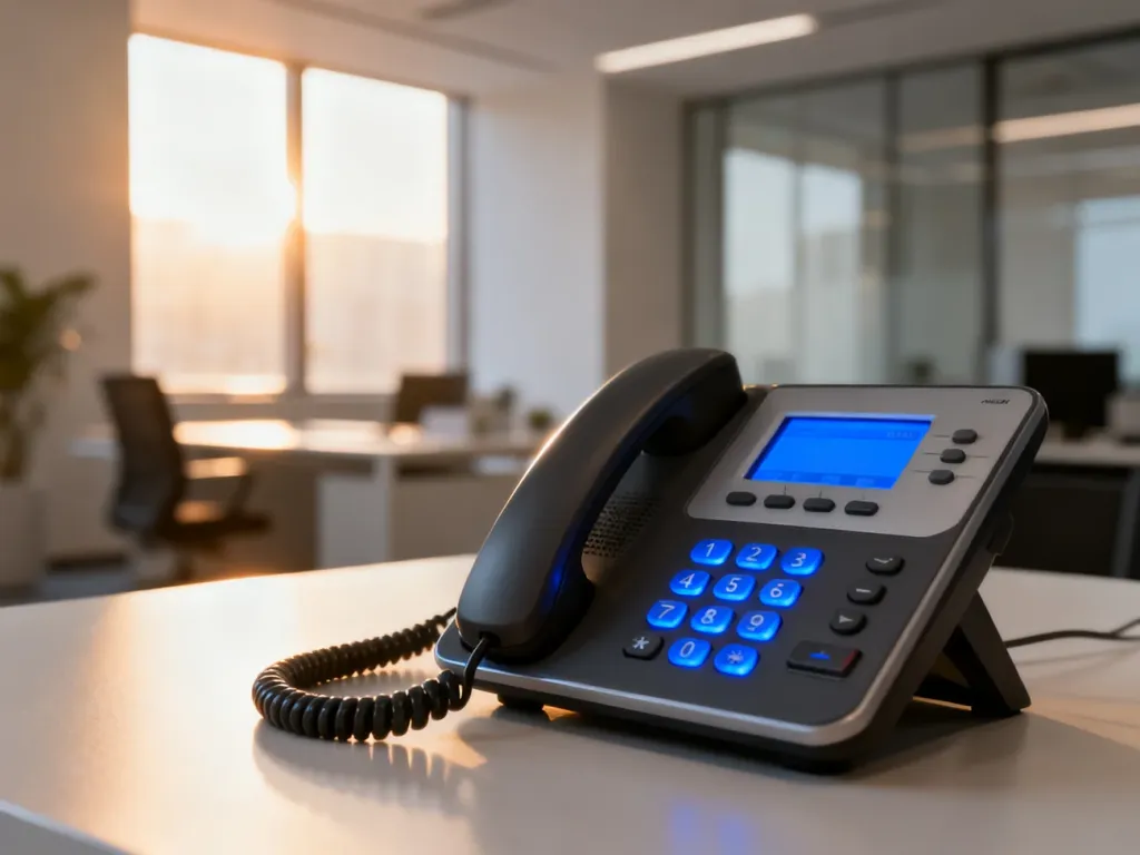 Nowoczesny telefon VoIP na biurku w minimalistycznym biurze, gotowy do pracy w profesjonalnym środowisku.