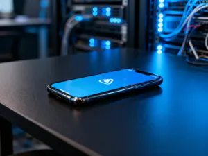 Nowoczesny panel sterowania inteligentnym domem na ścianie oraz smartfon z aplikacją do zarządzania automatyką w salonie.
