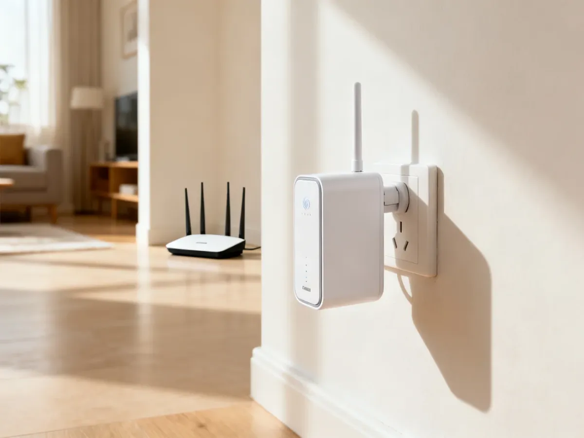 Wzmacniacz Wi-Fi ustawiony w połowie drogi między routerem a pomieszczeniem o słabym zasięgu