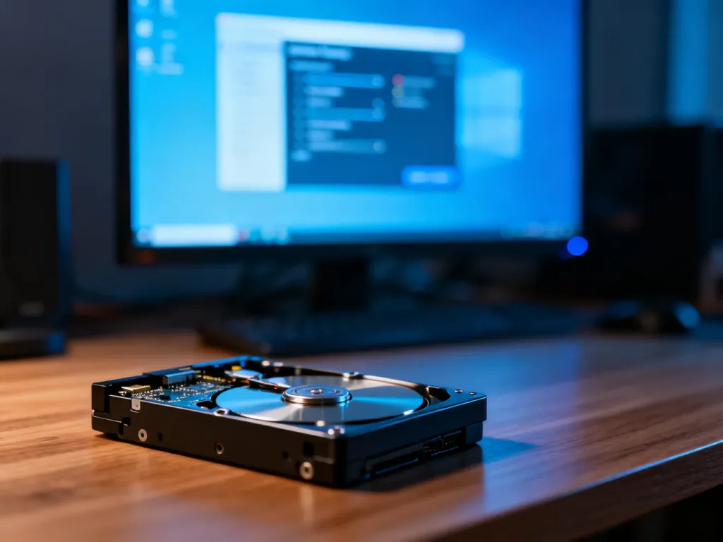 Dysk twardy na biurku w tle z ustawieniami pamięci systemu Windows na monitorze.
