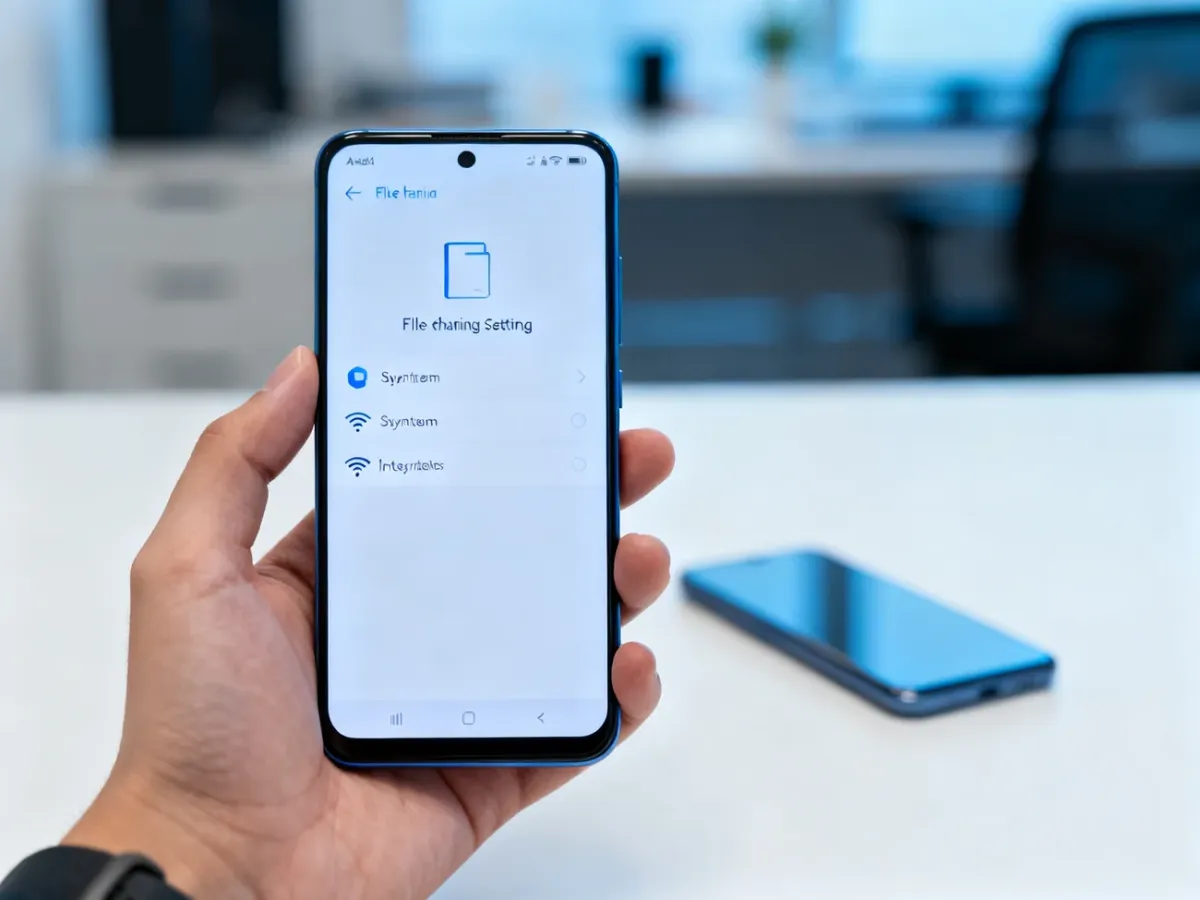 Smartfon z Androidem z ustawieniami systemowej funkcji udostępniania plików