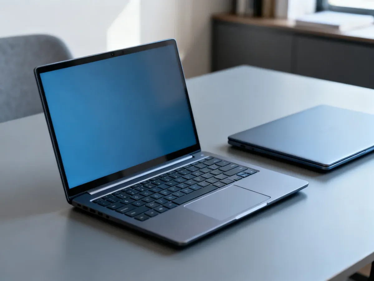 Otwarty nowoczesny laptop na biurku w domowym otoczeniu