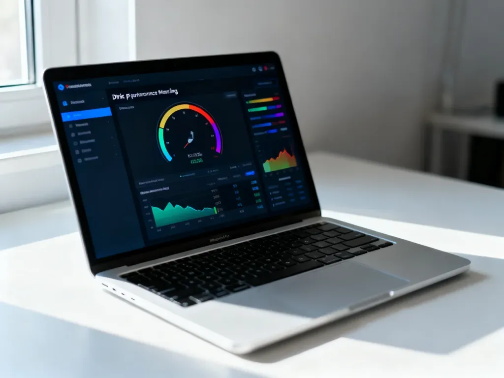 Ekran laptopa z otwartym programem do testowania szybkości dysku, pokazujący wykresy wydajności w minimalistycznym biurze.