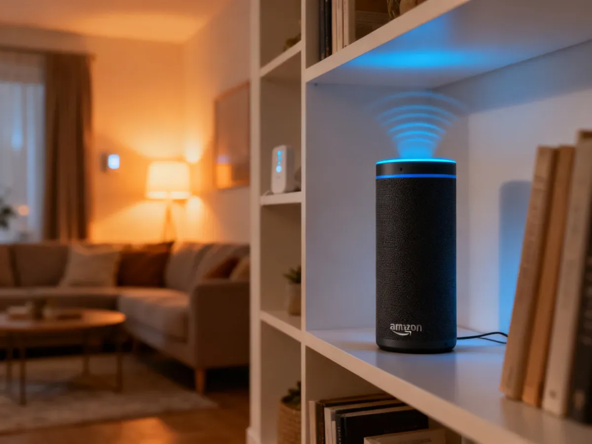 Głośnik Amazon Echo w nowoczesnym salonie sterujący urządzeniami smart home