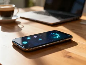 Smartfon z otwartym menu ustawień na drewnianym biurku, symbolizujący proces zarządzania kontem online.