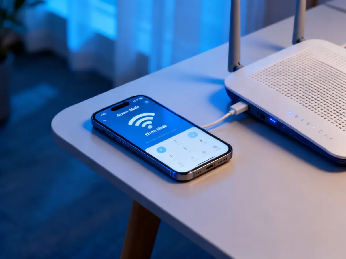 Telefon połączony z Wi-Fi w trybie samolotowym obok routera
