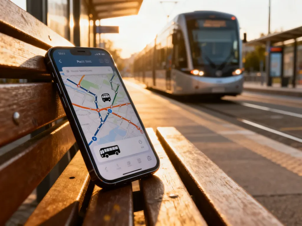 Smartfon z otwartą mapą komunikacji miejskiej na tle nadjeżdżającego tramwaju, ułatwiający planowanie podróży.
