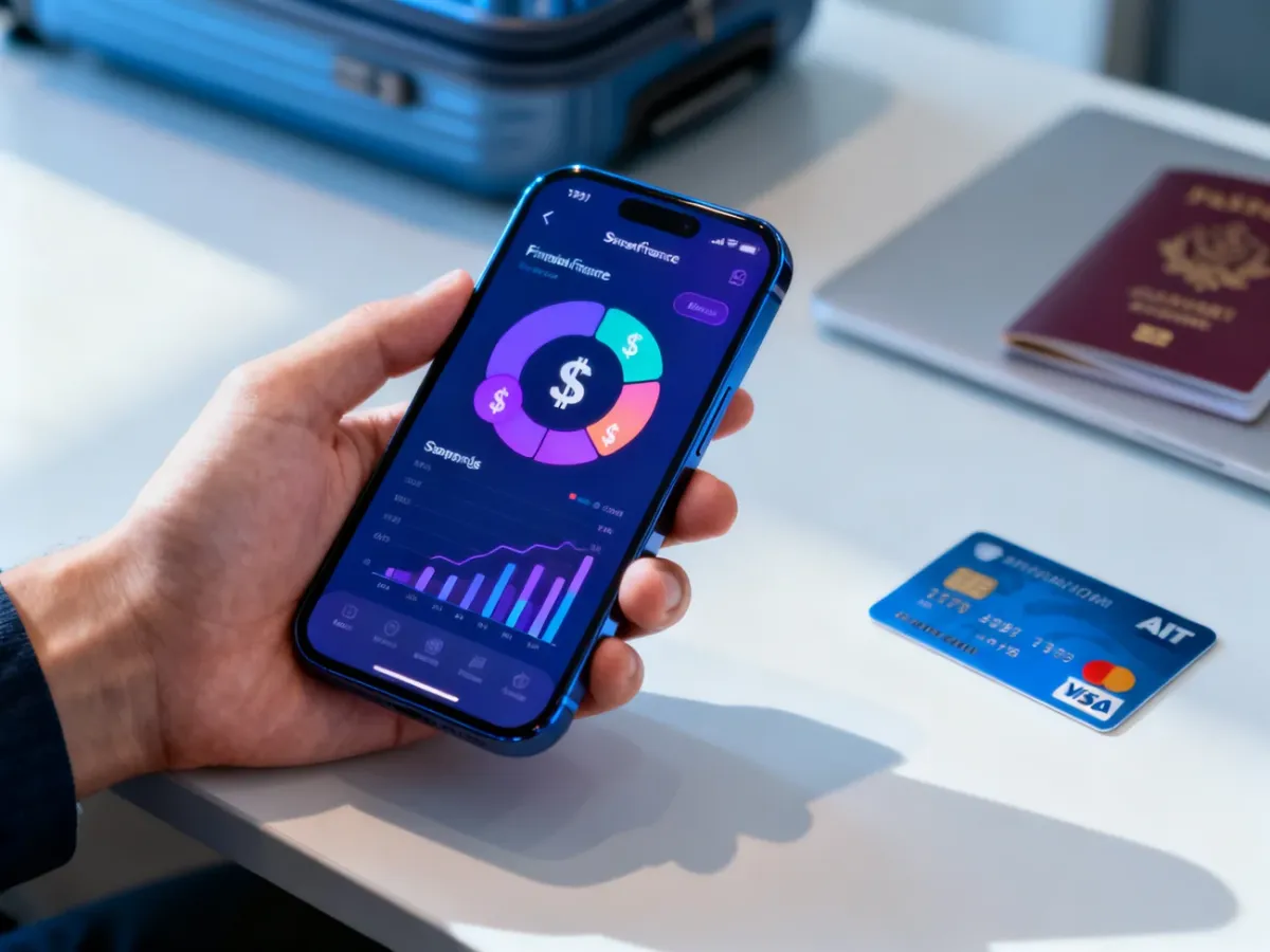 Smartfon z aplikacją finansową, kartą płatniczą i paszportem na biurku