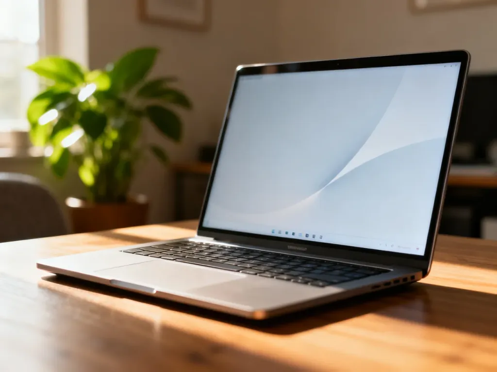 Nowoczesne stanowisko pracy z laptopem na drewnianym biurku, podkreślające estetykę i funkcjonalność systemu macOS.