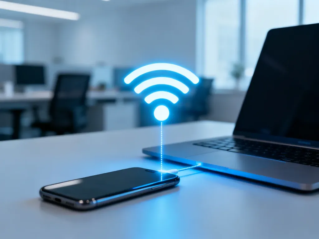 Smartfon i laptop połączone cyfrowym sygnałem bezprzewodowym, symbolizujące bezpośrednią transmisję danych Wi-Fi Direct.
