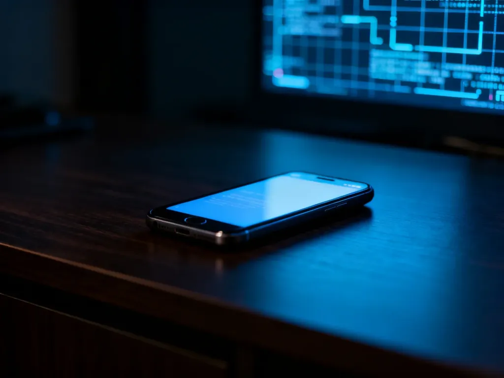 Nowoczesny smartfon leżący na biurku w przyciemnionym pokoju, symbolizujący zagrożenie cyberbezpieczeństwa i inwigilację.