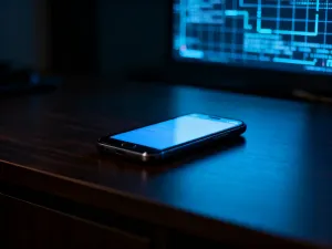 Nowoczesny smartfon z ikoną zabezpieczeń na ekranie, leżący na drewnianym biurku w jasnym biurze.