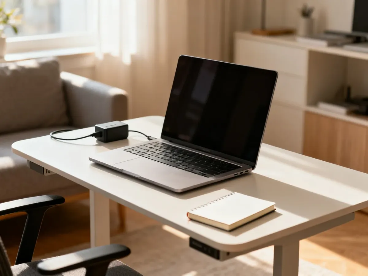 Laptop w kompaktowym stanowisku do pracy hybrydowej