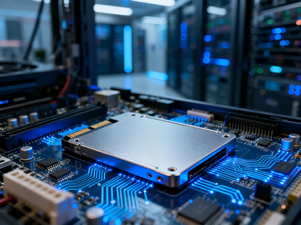 Nowoczesna płyta główna z dyskiem SSD w serwerowni, symbolizująca pamięć masową komputera.