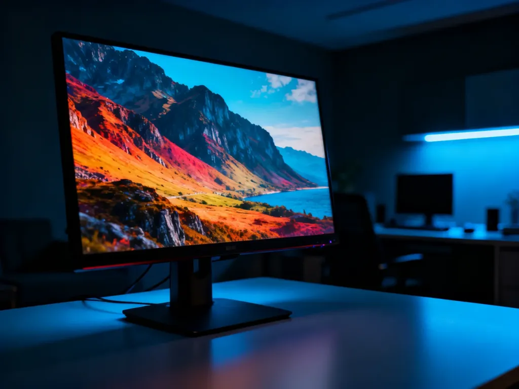 Wysokiej klasy monitor HDR prezentujący obraz o głębokim kontraście i żywych kolorach w nowoczesnym biurze.