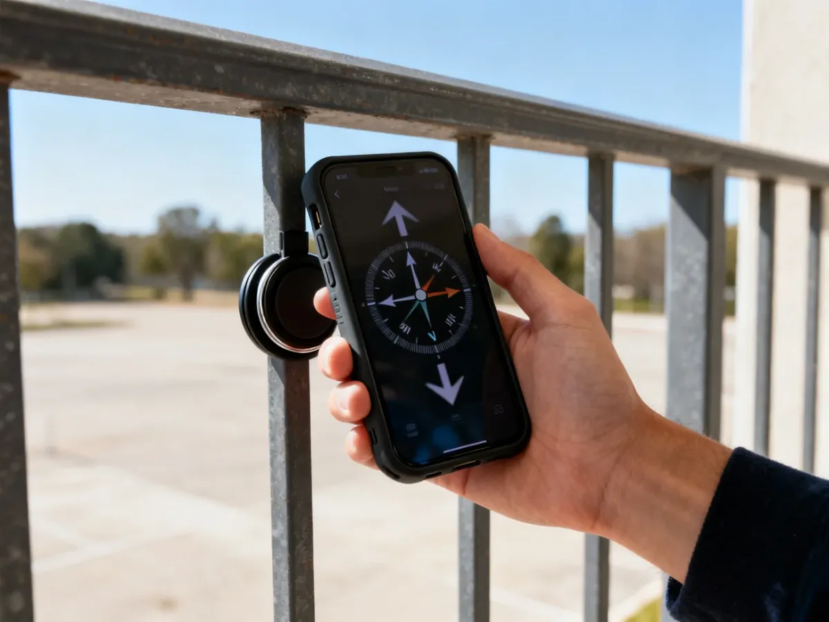 Smartfon używany przy metalowej barierce powodującej zakłócenia kompasu