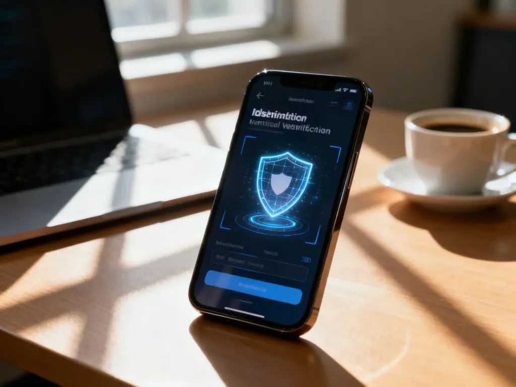 Smartfon z wyświetlonym interfejsem weryfikacji tożsamości cyfrowej na tle biurka, symbolizujący bezpieczne logowanie.