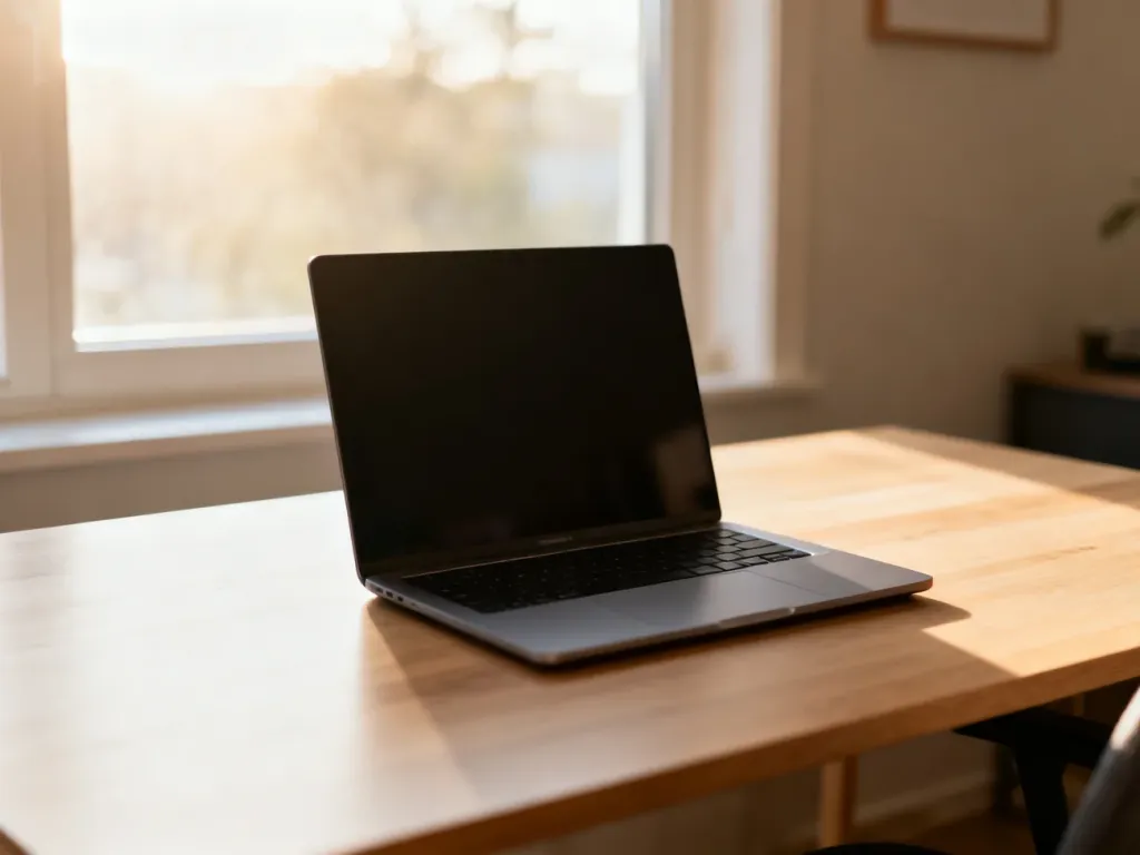 Nowoczesny laptop na minimalistycznym drewnianym biurku w przytulnym domowym biurze w promieniach porannego słońca.