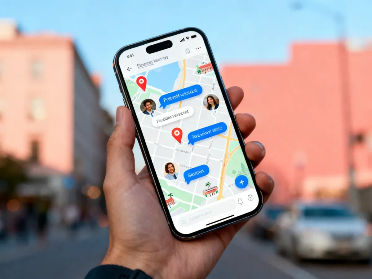 Smartfon z mapą społecznościową pokazującą znajomych i pobliskie miejsca