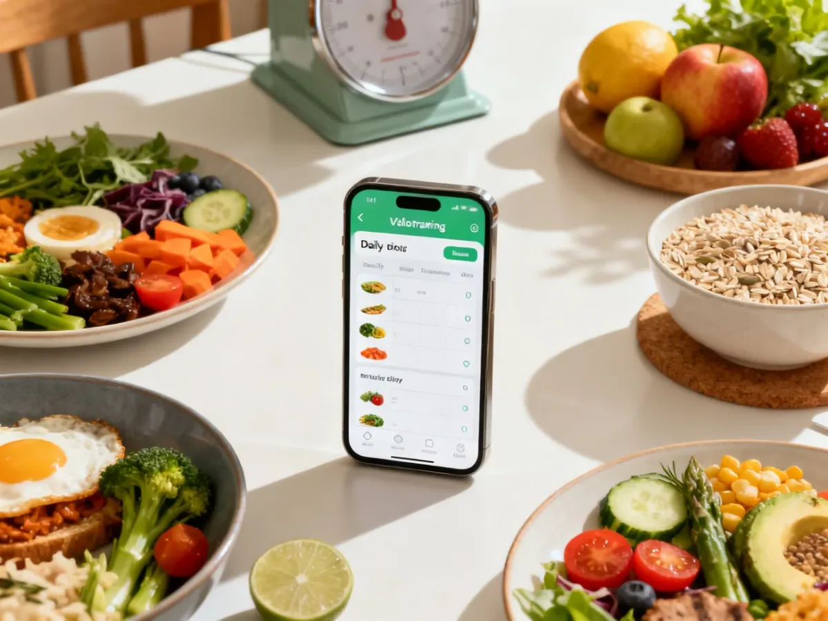 Smartfon z aplikacją do liczenia kalorii obok zdrowych produktów i wagi kuchennej