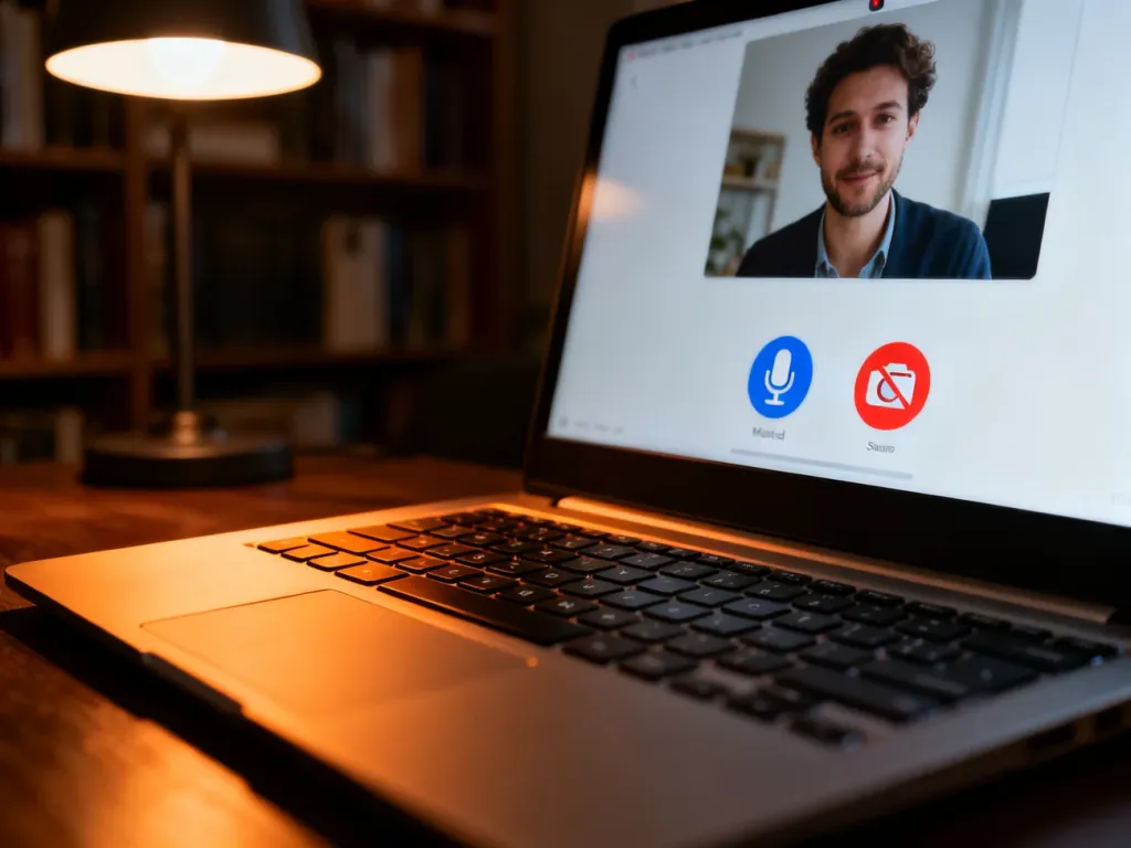 Ekran laptopa z widocznym interfejsem Google Meet, na którym ikony wyciszenia mikrofonu i kamery są wyraźnie zaznaczone.