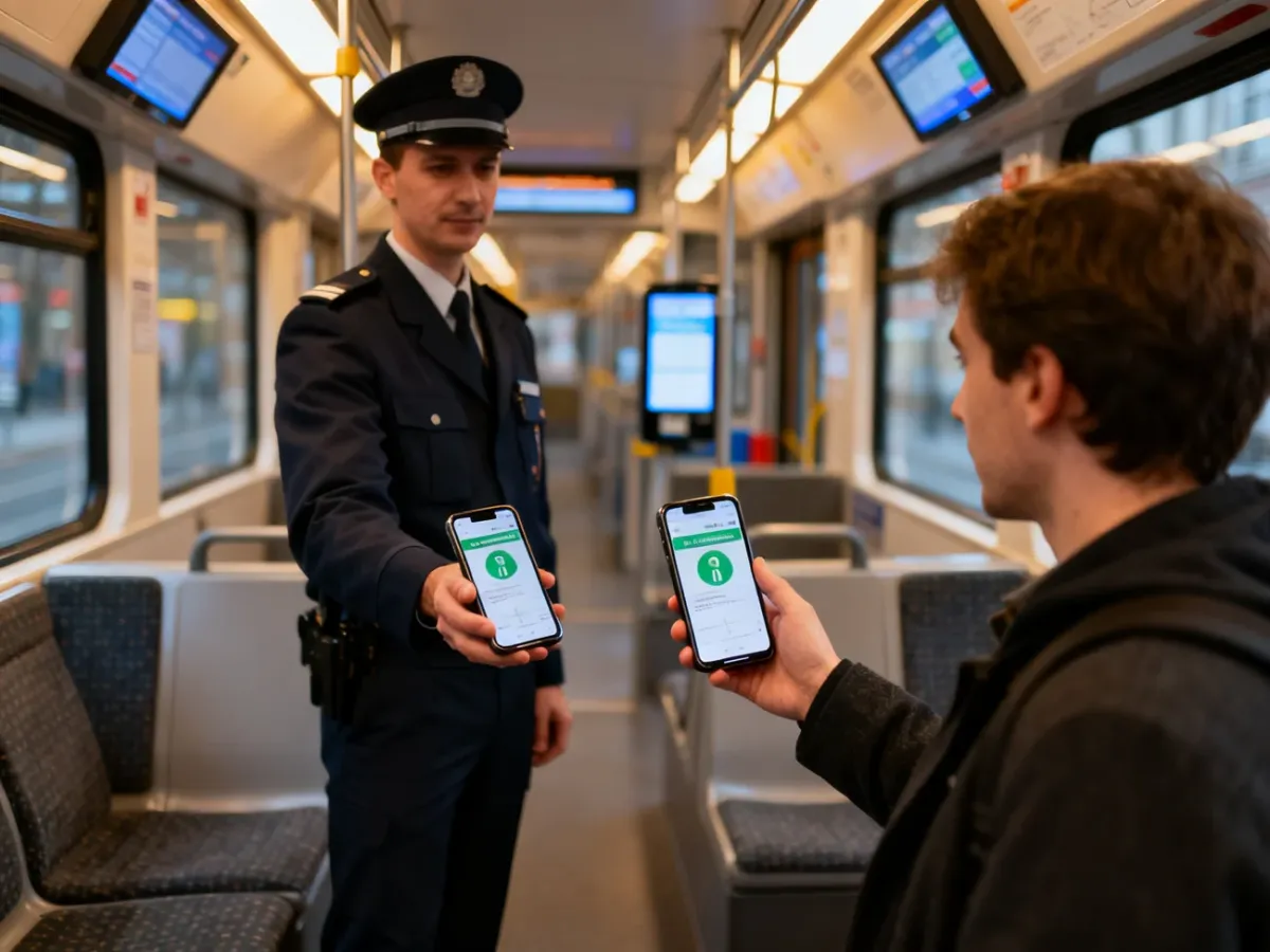 Kontroler sprawdzający aktywny bilet na smartfonie w tramwaju