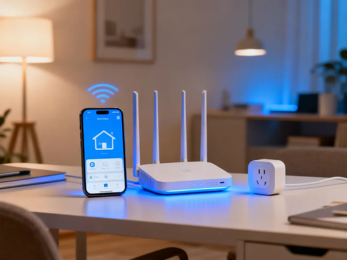 Smartfon, router Wi-Fi i inteligentne gniazdko przygotowane do konfiguracji