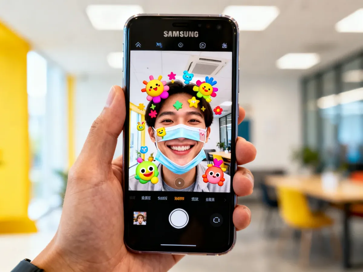 Smartfon Samsung Galaxy z podglądem aparatu i efektami rozszerzonej rzeczywistości
