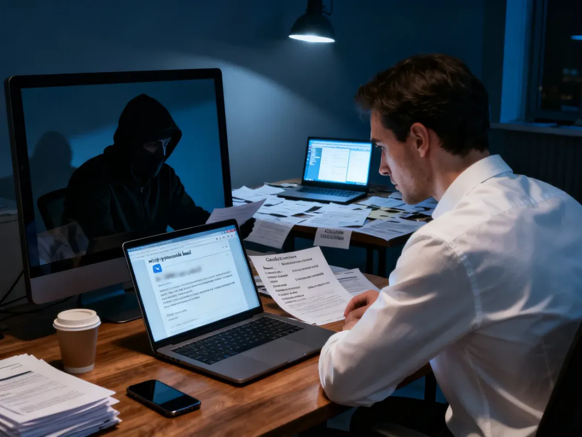 Pracownik analizujący spersonalizowaną wiadomość phishingową podczas ukierunkowanego ataku cybernetycznego