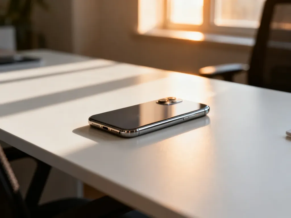 Nowoczesny smartfon leżący na minimalistycznym biurku w promieniach popołudniowego słońca.