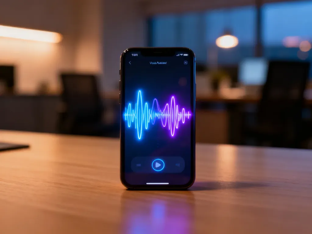 Nowoczesny smartfon z wyświetlonym interfejsem asystenta głosowego Bixby na tle minimalistycznego biurka.