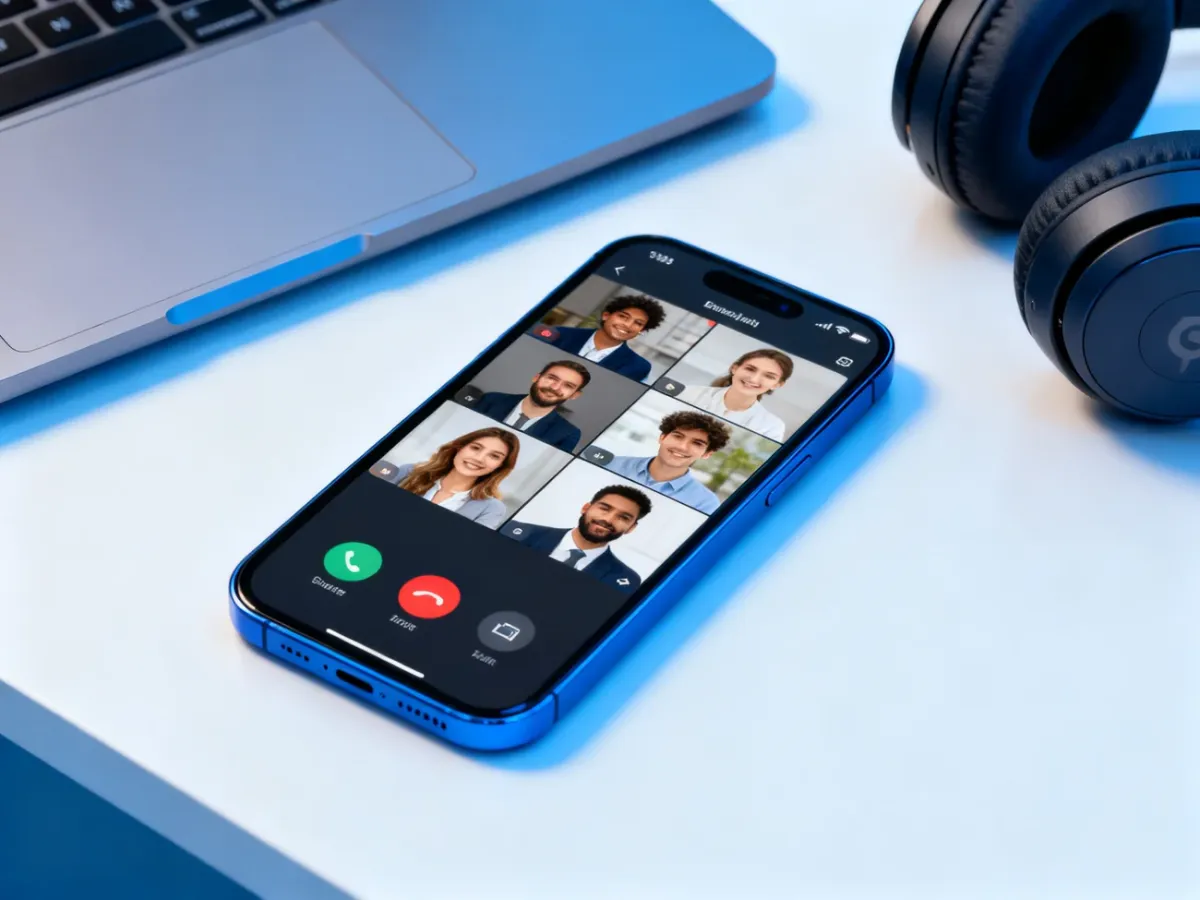 Smartfon z aplikacją do wideospotkań obok laptopa i słuchawek