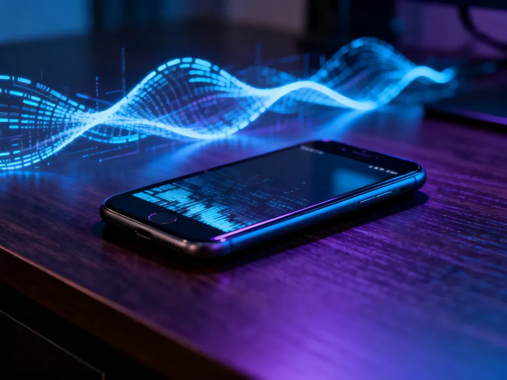 Smartfon na drewnianym biurku z cyfrową poświatą sugerującą nieautoryzowany dostęp do danych i zagrożenie prywatności.