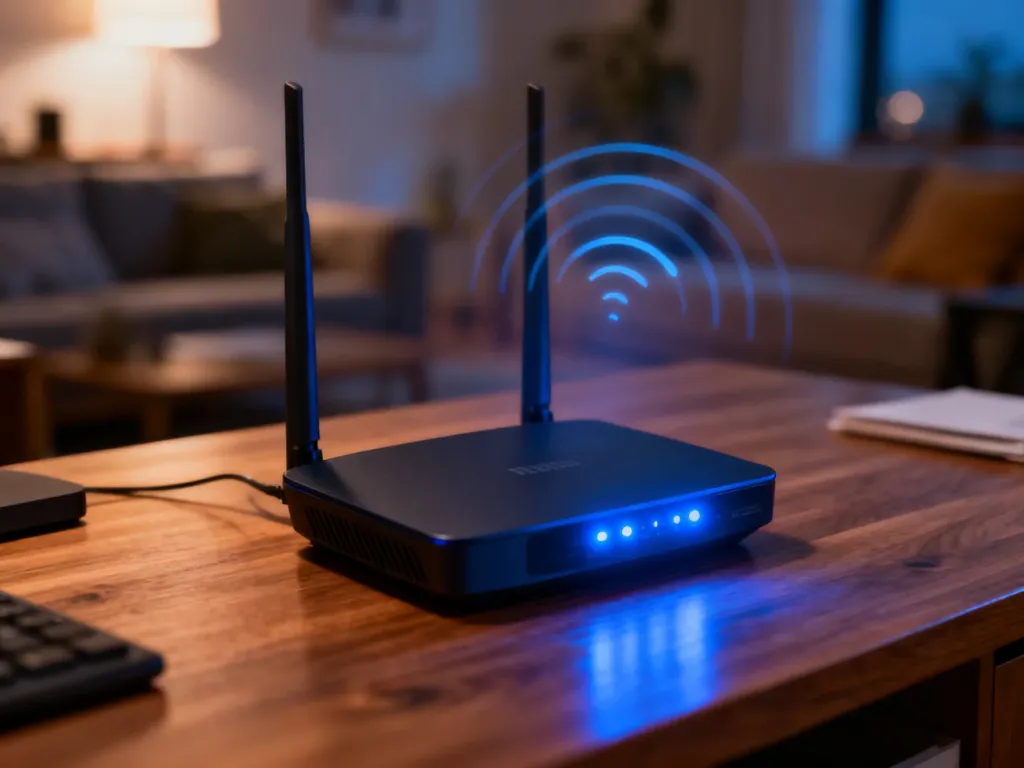 Nowoczesny router Wi-Fi na drewnianym biurku z wizualizacją cyfrowych fal sygnału w przytulnym domowym biurze.