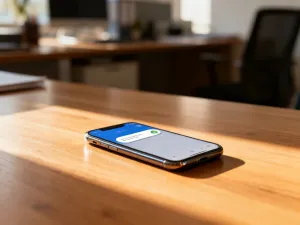 Nowoczesny smartfon na drewnianym biurku z ikoną blokowania kontaktu na ekranie.
