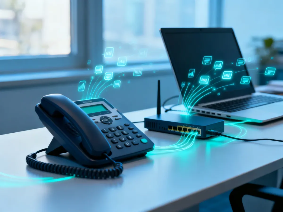 Telefon VoIP przesyłający cyfrowe dane przez sieć internetową