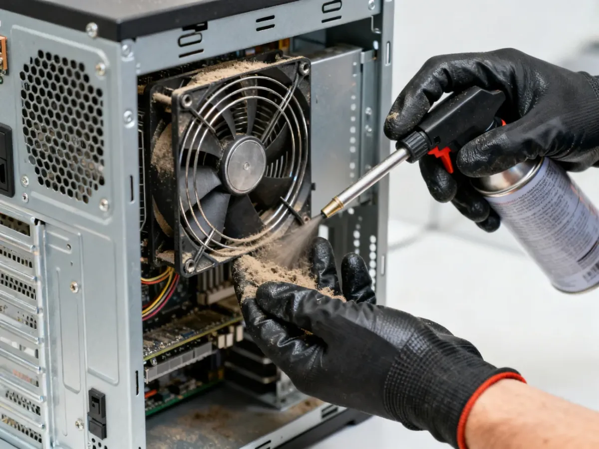 Technik czyści układ chłodzenia komputera z kurzu