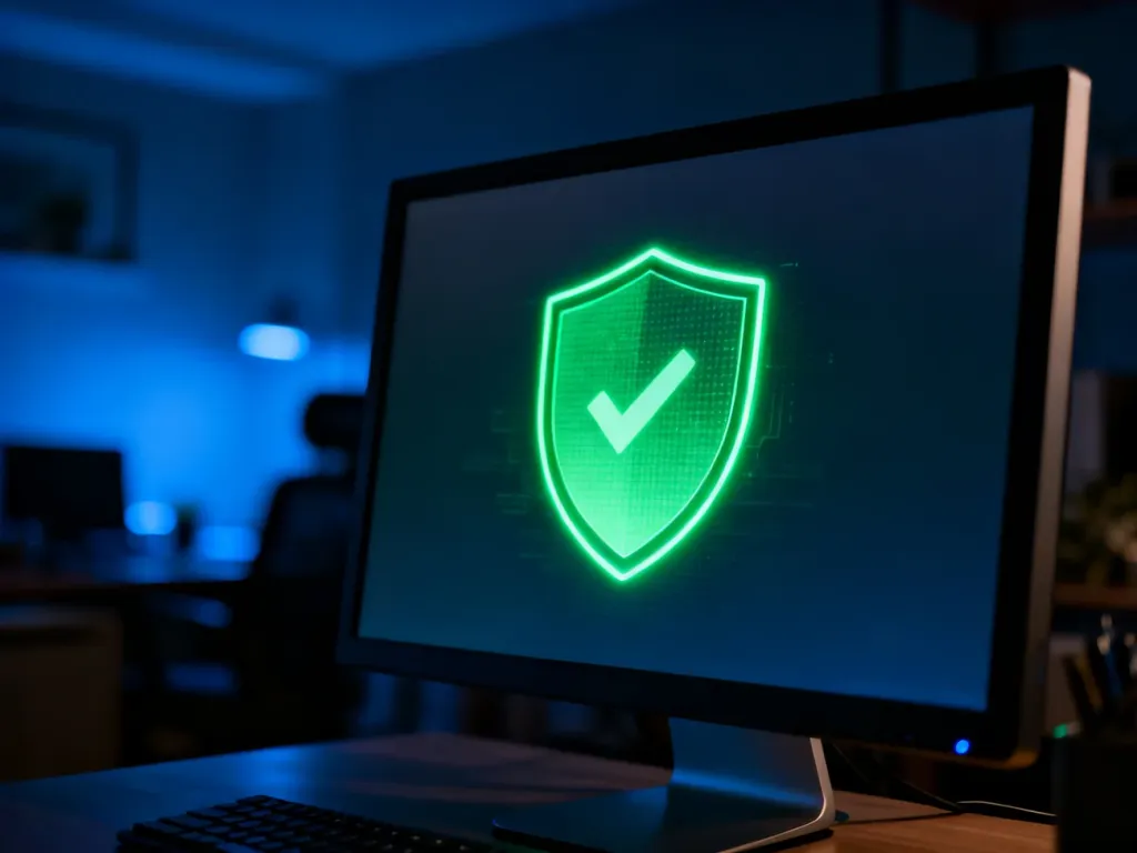 Zielona ikona tarczy na ekranie monitora, symbolizująca aktywne zabezpieczenia systemu Windows Defender.