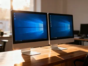 Włączony monitor z klasycznym interfejsem systemu Windows 7 w przytulnym, wieczornym domowym biurze.
