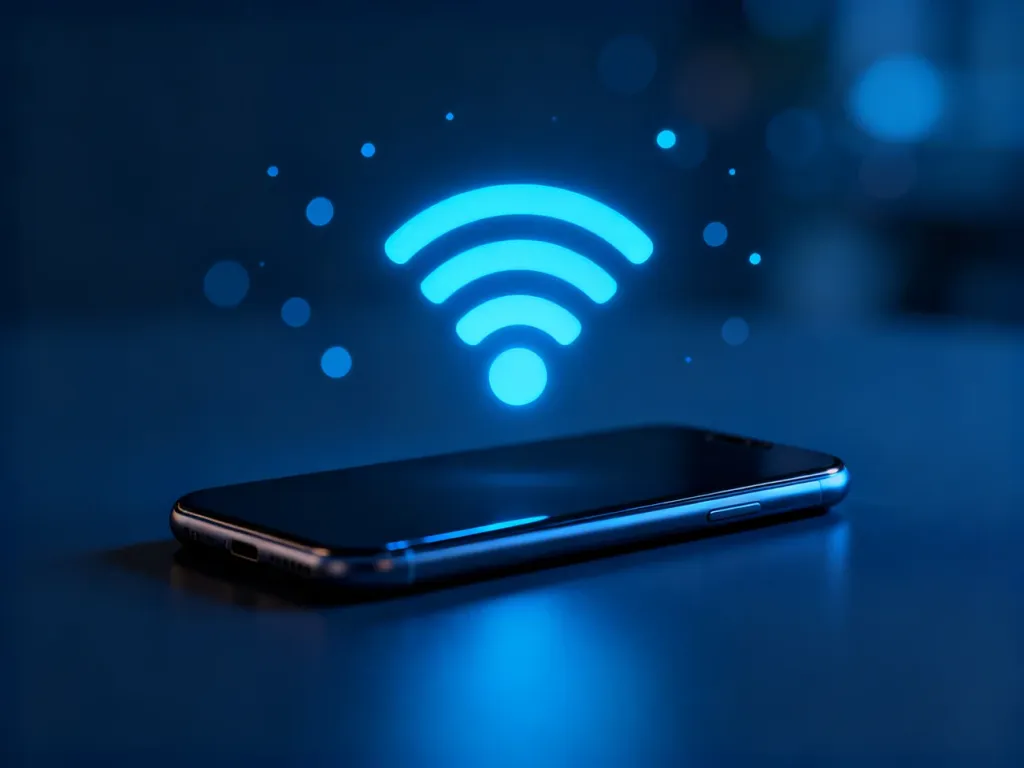 Ikona bezprzewodowego przesyłania danych nad nowoczesnym smartfonem, symbolizująca szybką wymianę plików.