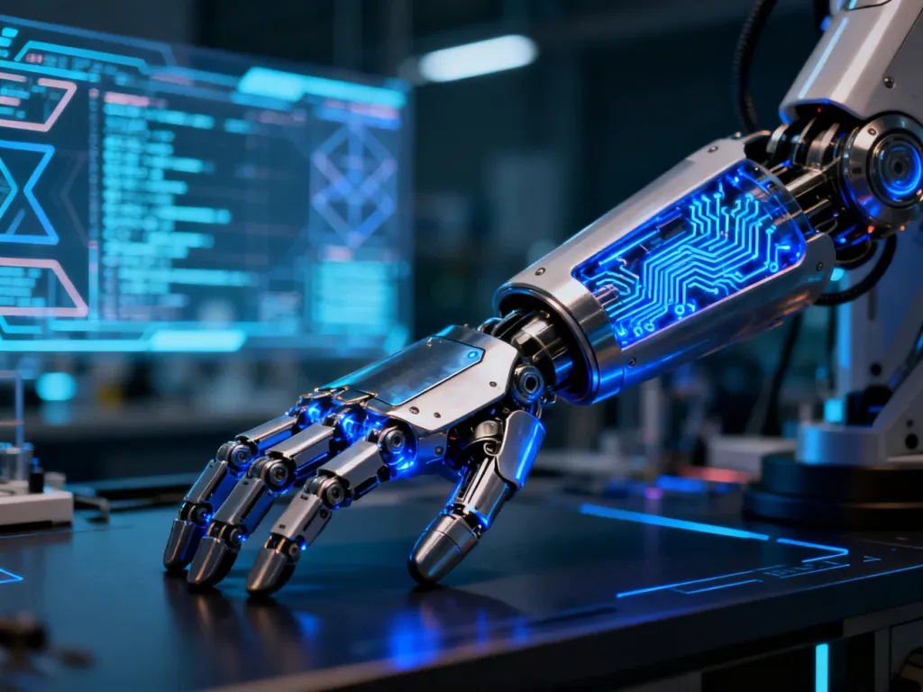 Futurystyczne, mechaniczne ramię z niebieskimi obwodami na tle holograficznego interfejsu w laboratorium.