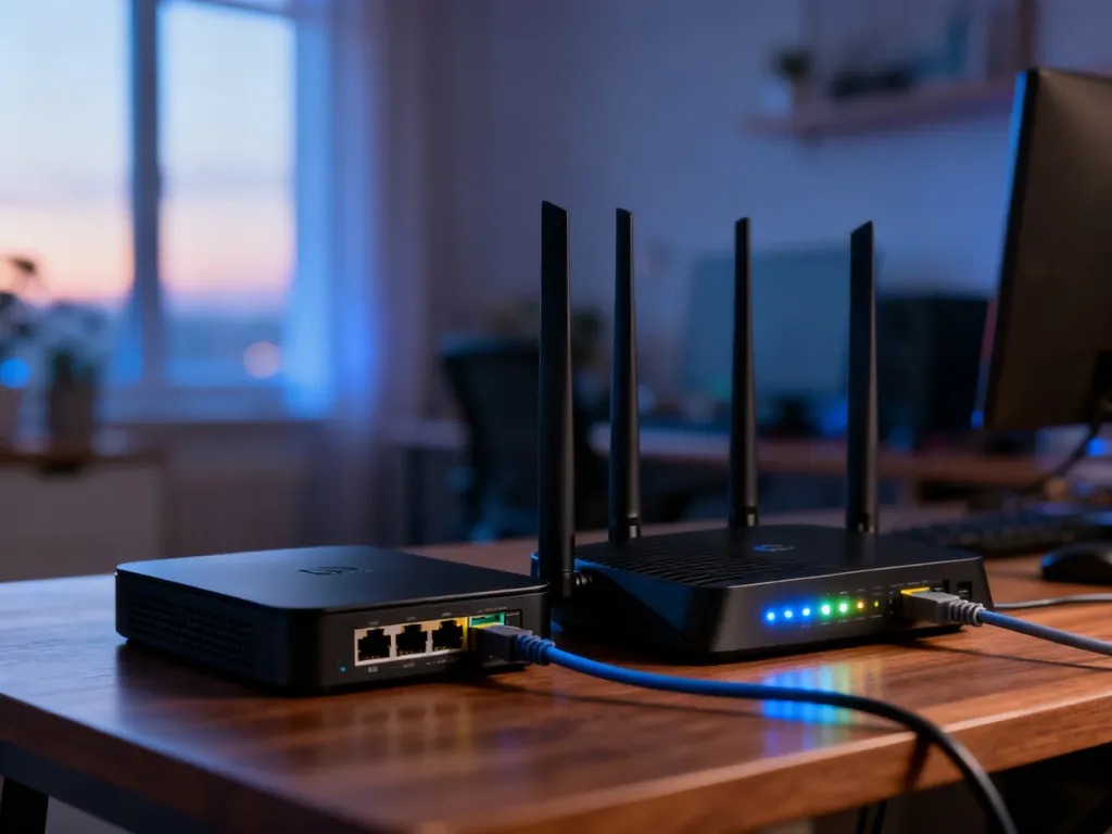 Nowoczesny modem i router z podświetlanymi diodami LED ustawione obok siebie na biurku, ukazujące detale portów i kabli.