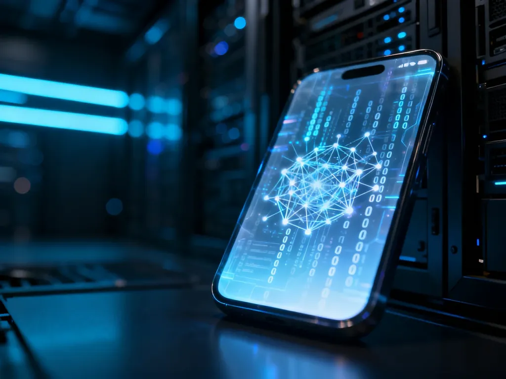 Przezroczysty ekran smartfona z cyfrową siecią danych na tle serwerowni, symbolizujący zagrożenia dla prywatności w telefonie.