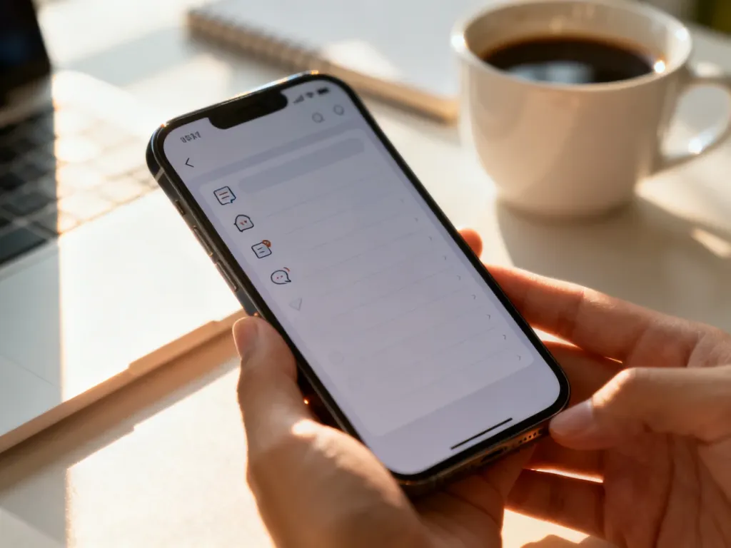 Ekran smartfona z minimalistyczną listą zadań i powiadomieniami na tle biurka, ilustrujący funkcję przypomnień.