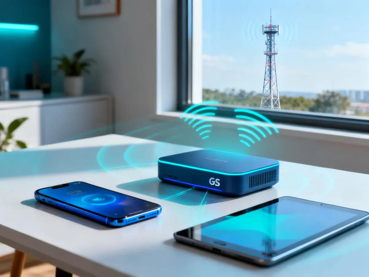Smartfon, tablet i router 5G połączone bezprzewodowo ze stacją bazową