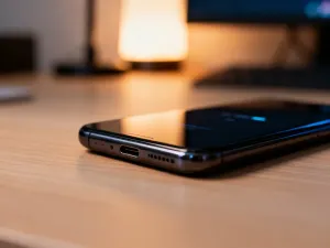 Dłoń trzymająca smartfon z otwartym menu ustawień, na którym wyłączany jest przełącznik funkcji czatu.