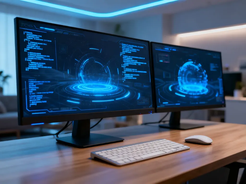 Nowoczesne stanowisko pracy z dwoma monitorami wyświetlającymi kod, symbolizujące zaawansowane środowisko programistyczne.